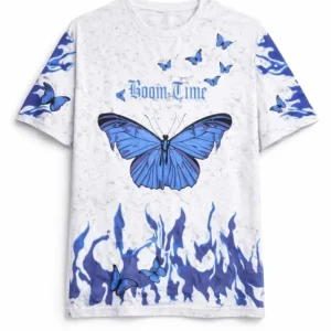 Alternative view of Asit Yıkamalı Oversize Tişört Mavi Kelebek Baskılı Dijital Print Bisiklet Yaka Streetwear T-Shirt - Beyaz
