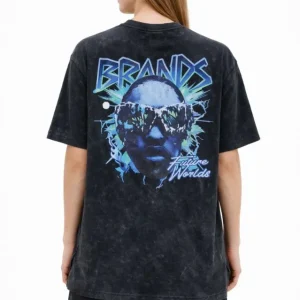 Alternative view of Asit Yıkamalı Oversize Tişört Future Worlds Baskılı Bisiklet Yaka Kısa Kollu Streetwear %100 Pamuk Street Style T-Shirt - Siyah