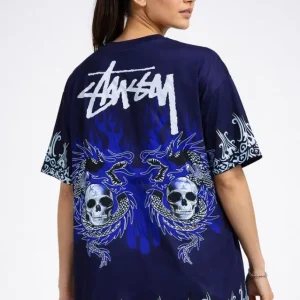 Lacivert Oversize Tişört Dragon - Kuru Kafa Baskılı Bisiklet Yaka T-Shirt - Lacivert