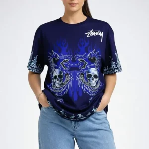 Alternative view of Lacivert Oversize Tişört Dragon - Kuru Kafa Baskılı Bisiklet Yaka T-Shirt - Lacivert