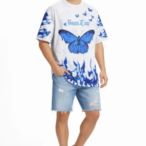 Erkek Asit Yıkamalı Oversize Tişört Mavi Kelebek Baskılı Dijital Print Bisiklet Yaka Streetwear T-Shirt - Beyaz