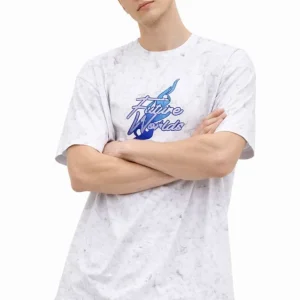 Erkek Asit Yıkamalı Oversize Tişört Future Worlds Baskılı Bisiklet Yaka Kısa Kollu Streetwear %100 Pamuk Street Style T-Shirt - Beyaz