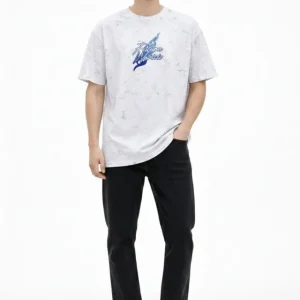 Alternative view of Erkek Asit Yıkamalı Oversize Tişört Future Worlds Baskılı Bisiklet Yaka Kısa Kollu Streetwear %100 Pamuk Street Style T-Shirt - Beyaz