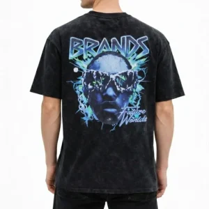 Erkek Asit Yıkamalı Oversize Tişört Future Worlds Baskılı Bisiklet Yaka Kısa Kollu Streetwear %100 Pamuk Street Style T-Shirt - Siyah