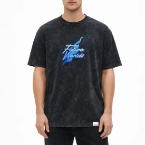 Alternative view of Erkek Asit Yıkamalı Oversize Tişört Future Worlds Baskılı Bisiklet Yaka Kısa Kollu Streetwear %100 Pamuk Street Style T-Shirt - Siyah