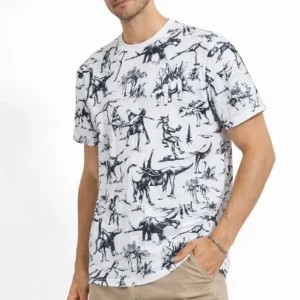 Alternative view of Erkek Beyaz Dinozor Desenli Tişört – Regular Fit, Bisiklet Yaka, Dijital Baskılı Pamuklu T-Shirt - Beyaz