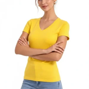 Alternative view of T-Shirt V Yaka Slim Fit Likralı Tişört Günlük Basic Body - Sarı