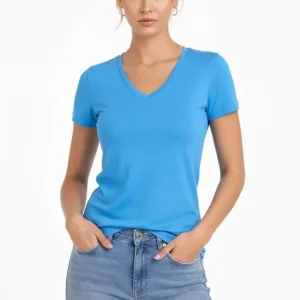 Alternative view of T-Shirt V Yaka Slim Fit Likralı Tişört Günlük Basic Body - Açık Mavi