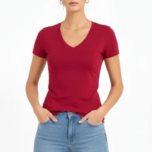 Alternative view of T-Shirt V Yaka Slim Fit Likralı Tişört Günlük Basic Body - Bordo