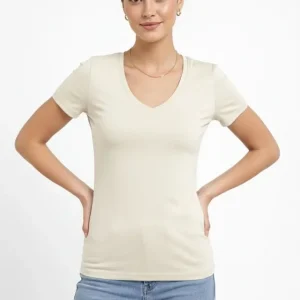 T-Shirt V Yaka Slim Fit Likralı Tişört Günlük Basic Body - Taş