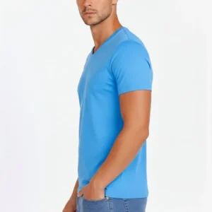 Alternative view of Erkek T-Shirt V Yaka Slim Fit Dar Kesim Likralı Tişört Günlük Basic Body - Açık Mavi
