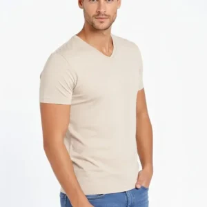 Alternative view of Erkek T-Shirt V Yaka Slim Fit Dar Kesim Likralı Tişört Günlük Basic Body - Taş