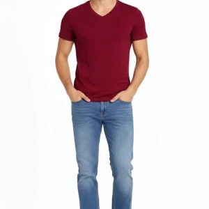 Alternative view of Erkek T-Shirt V Yaka Slim Fit Dar Kesim Likralı Tişört Günlük Basic Body - Bordo
