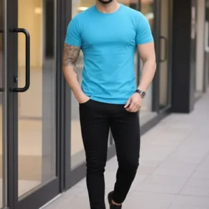 Alternative view of Erkek T-Shirt Bisiklet Yaka Slim Fit Dar Kesim Likralı Tişört Günlük Basic Body - Açık Mavi