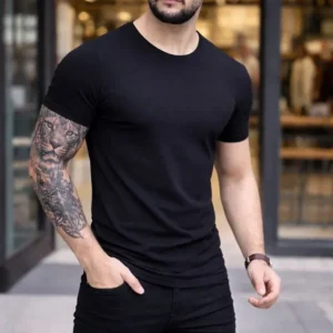 Alternative view of Erkek T-Shirt Bisiklet Yaka Slim Fit Dar Kesim Likralı Tişört Günlük Basic Body - Siyah