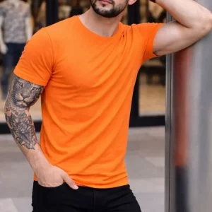 Erkek T-Shirt Bisiklet Yaka Slim Fit Dar Kesim Likralı Tişört Günlük Basic Body - Turuncu