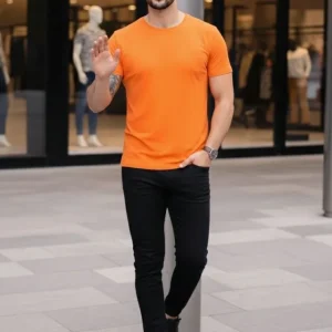 Alternative view of Erkek T-Shirt Bisiklet Yaka Slim Fit Dar Kesim Likralı Tişört Günlük Basic Body - Turuncu