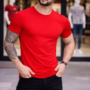 Erkek T-Shirt Bisiklet Yaka Slim Fit Dar Kesim Likralı Tişört Günlük Basic Body - Kırmızı