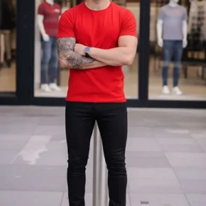 Alternative view of Erkek T-Shirt Bisiklet Yaka Slim Fit Dar Kesim Likralı Tişört Günlük Basic Body - Kırmızı