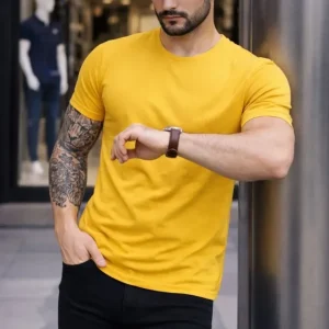 Alternative view of Erkek T-Shirt Bisiklet Yaka Slim Fit Dar Kesim Likralı Tişört Günlük Basic Body - Sarı