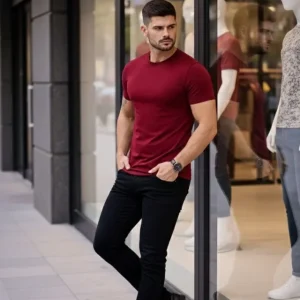 Alternative view of Erkek T-Shirt Bisiklet Yaka Slim Fit Dar Kesim Likralı Tişört Günlük Basic Body - Bordo