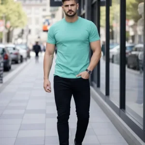 Alternative view of Erkek T-Shirt Bisiklet Yaka Slim Fit Dar Kesim Likralı Tişört Günlük Basic Body - Turkuvaz