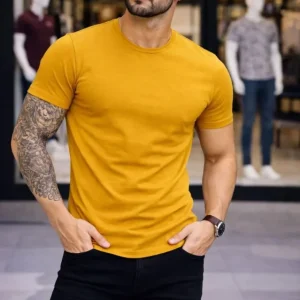 Erkek T-Shirt Bisiklet Yaka Slim Fit Dar Kesim Likralı Tişört Günlük Basic Body - Limon