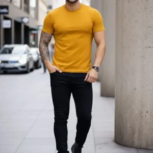 Alternative view of Erkek T-Shirt Bisiklet Yaka Slim Fit Dar Kesim Likralı Tişört Günlük Basic Body - Limon
