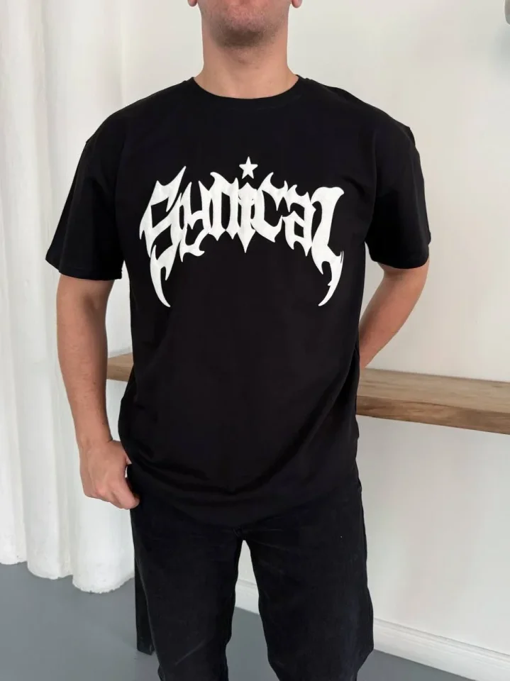 Erkek Bisiklet Yaka Ön Baskılı Kısa Kollu Tişört Streetwear Günlük Basic Pamuklu T-shirt - Siyah - Görsel 4