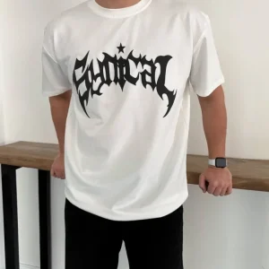 Alternative view of Erkek Bisiklet Yaka Ön Baskılı Kısa Kollu Tişört Streetwear Günlük Basic Pamuklu T-shirt - Beyaz