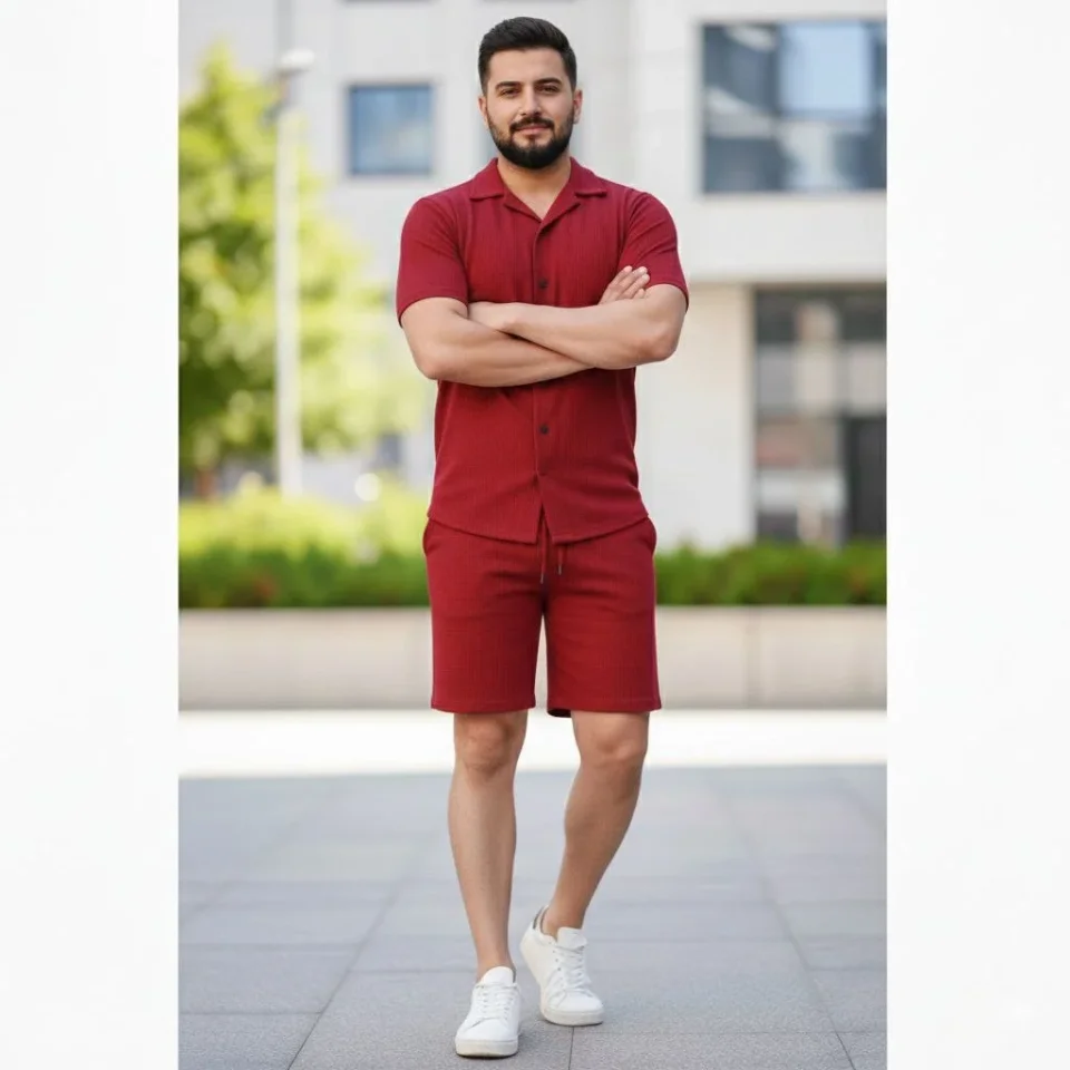 Erkek Waffle Kumaş Kısa Kollu Gömlek Şort Takım Regular Fit Yazlık İkili Set - Bordo - Görsel 5