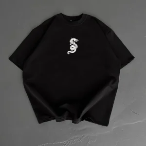 Baskılı Oversize Bisiklet Yaka T-shirt - Siyah