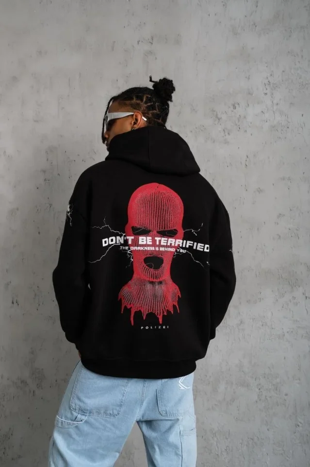 Erkek Oversize Üç İplik Kapüşonlu Sweatshirt – Siyah “Don’t Be Terrified” Ön, Sırt Ve Kol Baskılı, Kanguru Cepli, Ribanalı Rahat Model- Siyah - Görsel 5