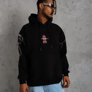 Alternative view of Erkek Oversize Üç İplik Kapüşonlu Sweatshirt – Siyah “Don’t Be Terrified” Ön, Sırt Ve Kol Baskılı, Kanguru Cepli, Ribanalı Rahat Model- Siyah