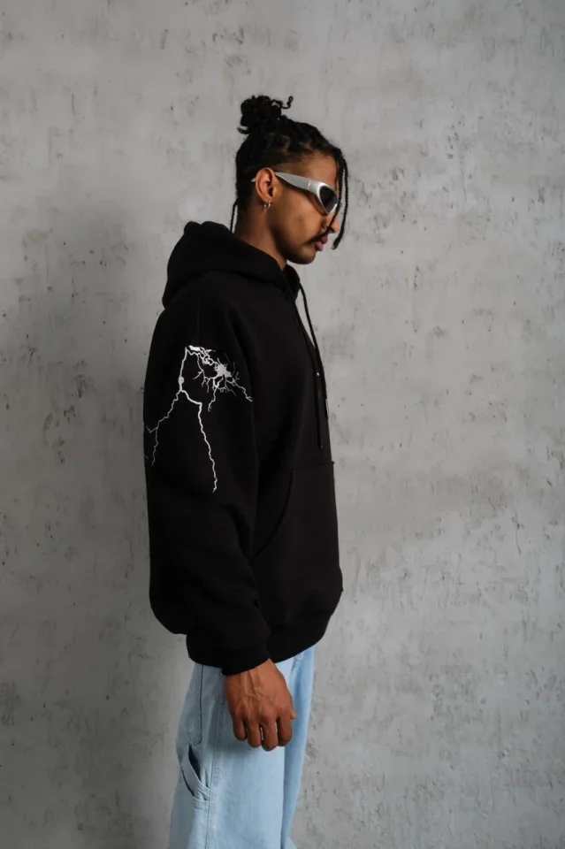 Erkek Oversize Üç İplik Kapüşonlu Sweatshirt – Siyah “Don’t Be Terrified” Ön, Sırt Ve Kol Baskılı, Kanguru Cepli, Ribanalı Rahat Model- Siyah - Görsel 3