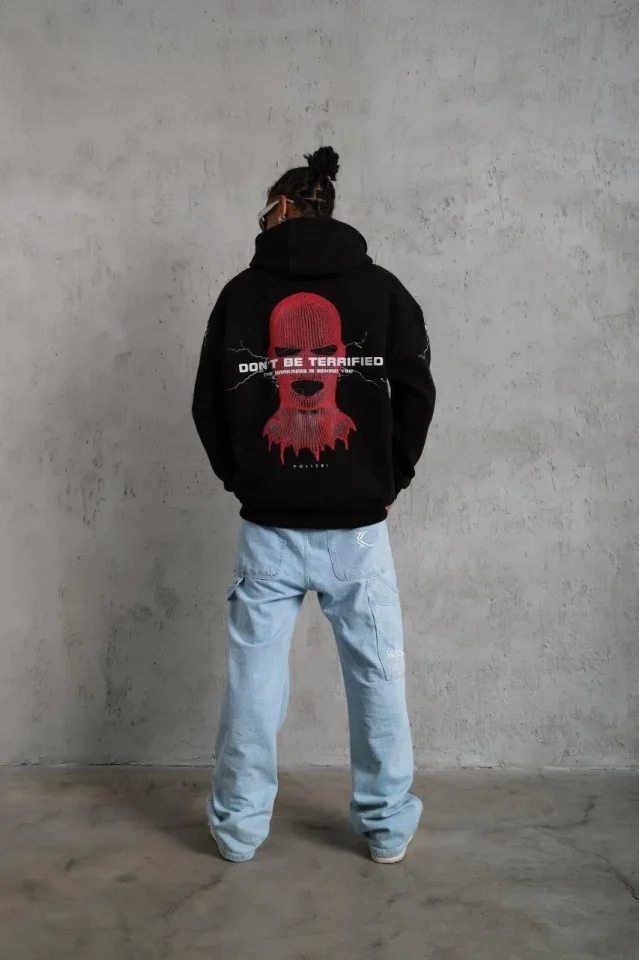Erkek Oversize Üç İplik Kapüşonlu Sweatshirt – Siyah “Don’t Be Terrified” Ön, Sırt Ve Kol Baskılı, Kanguru Cepli, Ribanalı Rahat Model- Siyah - Görsel 4
