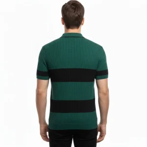 Alternative view of Erkek T-shirt Çizgili Triko Dokuma Kumaş Polo Yaka Yarım Fermuarlı Regular Kalıp Tişört - Çağla Yeşili