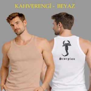 Erkek Spor Fitilli Atlet 2li Set Kahverengi Ve Beyaz Slim Fit Kaşkorse Arka Baskılı Spor Atlet