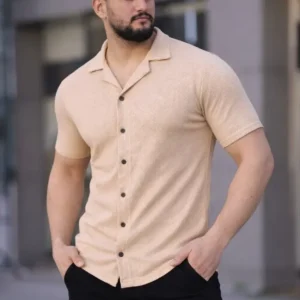 Alternative view of Erkek Waffle Dokuma Açık Yakalı Düğmeli Regular Kalıp 2’li Gömlek Seti - Haki - Bej