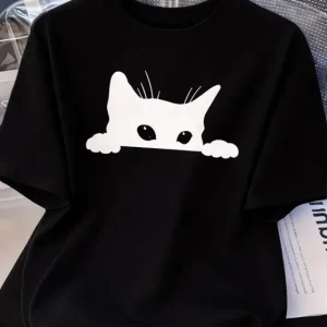 Kadınlar Için Siyah Kedi Grafik Tişört - Oversize Kısa Kollu Üst Nefes Alabilir - Siyah