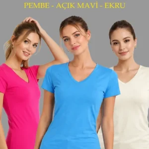 3lü V Yaka Tişört – Kısa Kollu Yazlık Slim Fit Body - Pembe, Açık Mavi, Ekru