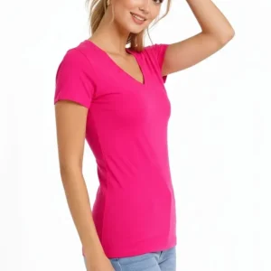 Alternative view of 3lü V Yaka Tişört – Kısa Kollu Yazlık Slim Fit Body - Pembe, Açık Mavi, Ekru