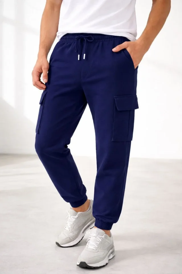 Erkek Jogger Eşofman Altı Regular Fit , Kargo Cepli, Lastikli Paça, Günlük Spor Pantolon - Lacivert - Görsel 2