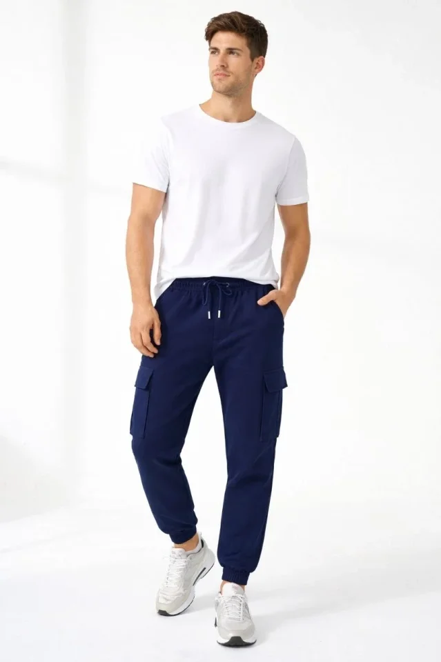 Erkek Jogger Eşofman Altı Regular Fit , Kargo Cepli, Lastikli Paça, Günlük Spor Pantolon - Lacivert - Görsel 4