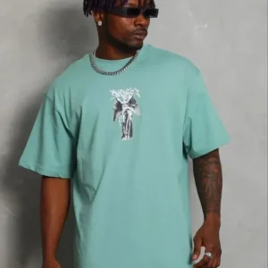 Erkek Baskılı T-Shirt Kısa Kol Bisiklet Yaka Regular Fit Rahat Kalıp Günlük Tişört - Mint Yeşili