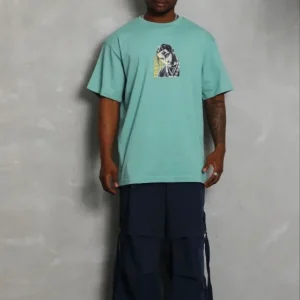 Erkek Baskılı T-Shirt Kısa Kol Bisiklet Yaka Regular Fit Rahat Kalıp Günlük Tişört - Mint Yeşili