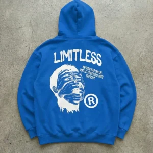 Alternative view of Erkek Premium Baskılı Kapşonlu Sweatshirt Üç İplik İçi Pamuklu Kanguru Cepli - Saks Mavisi