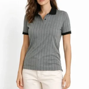 Alternative view of Polo Yaka Çizgili Tişört Kısa Kol Düğmeli Yazlık T-Shirt - Gri