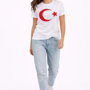 Alternative view of T-Shirt Kısa Kol Bisiklet Yaka Ay Yıldız Bayrak Baskılı Tişört - Beyaz