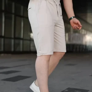Alternative view of Erkek Diagonel Kumaş Duble Paça Cepli Bağcıklı Bel Lastikli ŞORT - Krem